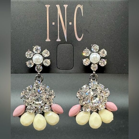 INC Silver Tone Crystal Flower Post Earnings W/ Drop Dangle Crystal Flower - Picture 1 of 8